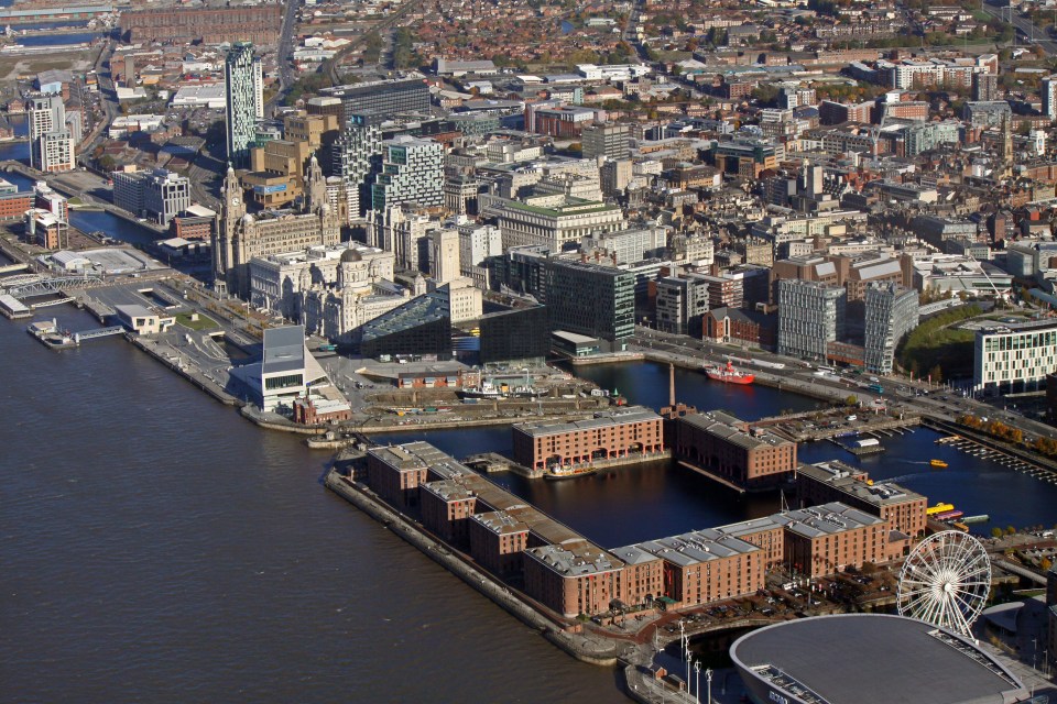 Aerial view of Liverpool waterfront.