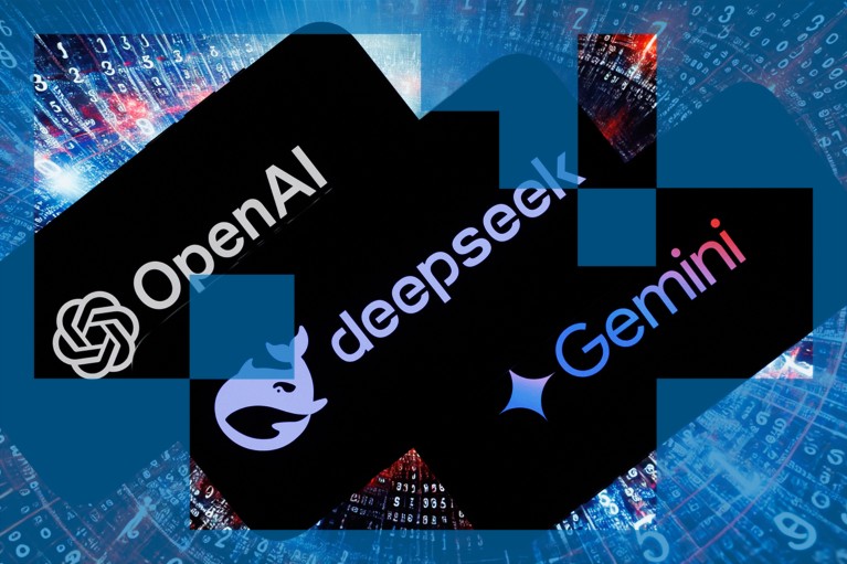 The logos of OpenAI, DeepSeek and Google Gemini artificial intelligence apps displayed on three smart phones against an colourful abstract background.