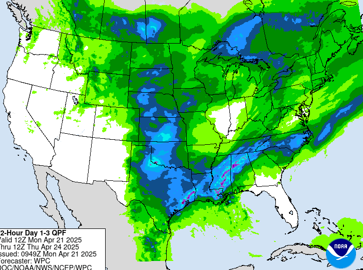 A Weather Prediction Center forecast map shows heavy rain is expected throughout the central and eastern U.S. this week.