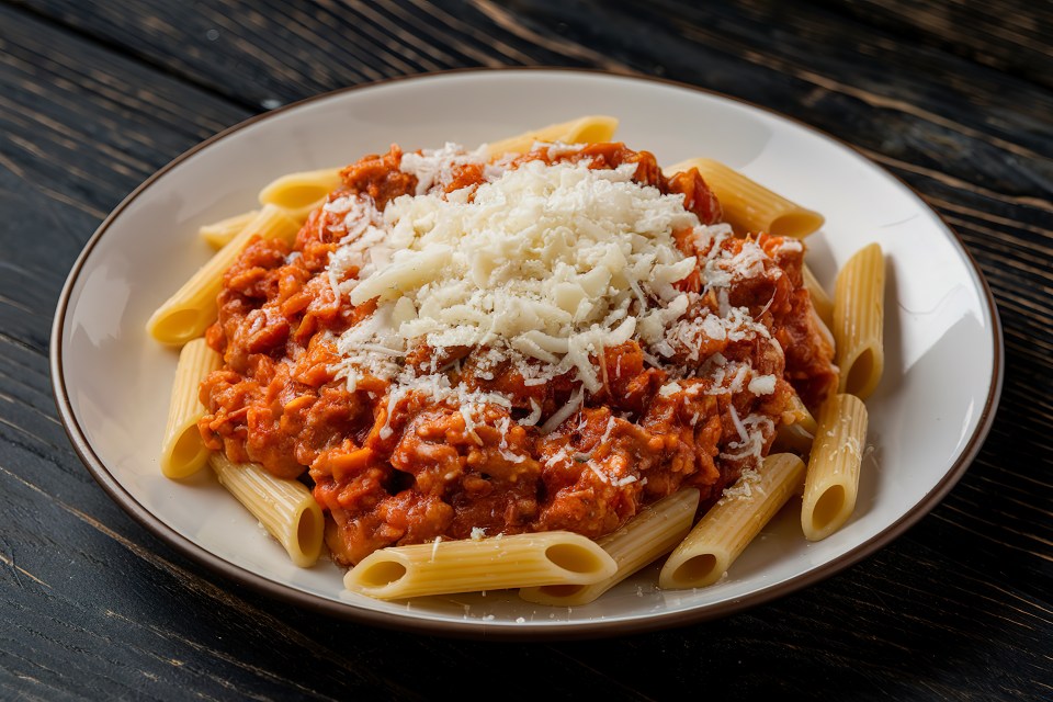 Penne pasta with bolognese sauce and grated cheese.