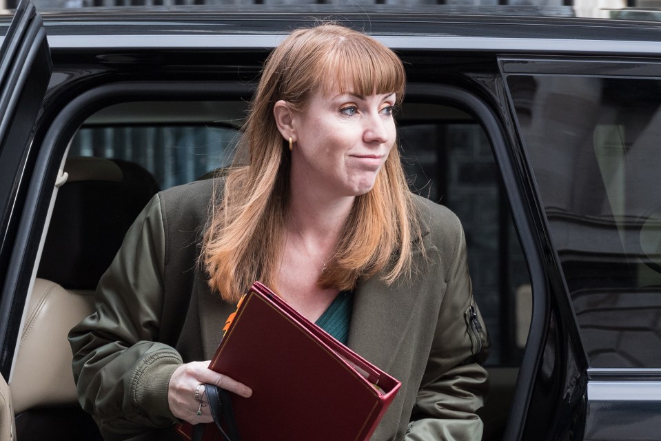Angela Rayner exiting a car, holding a red folder.