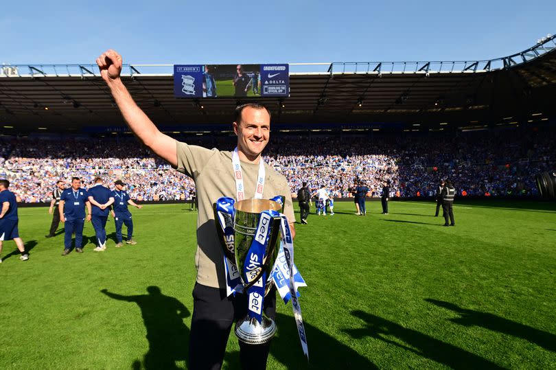 Birmingham City manager Chris Davies with the League One winners' trophy