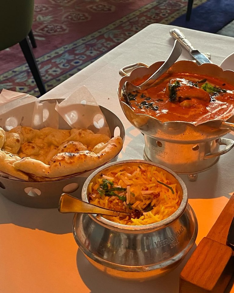 Indian food: naan, curry, and rice.