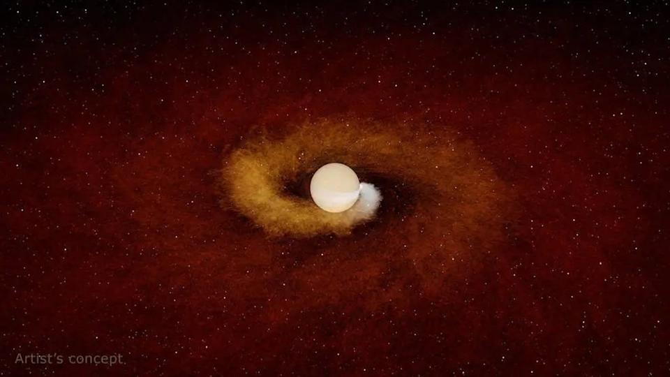 An artist’s concept shows a planet gradually spiraling into its host star. Scientists say this Jupiter-sized planet started to graze the star’s atmosphere before ‘falling in’ (Credits: R. Hurt & K. Miller (Caltech/IPAC))