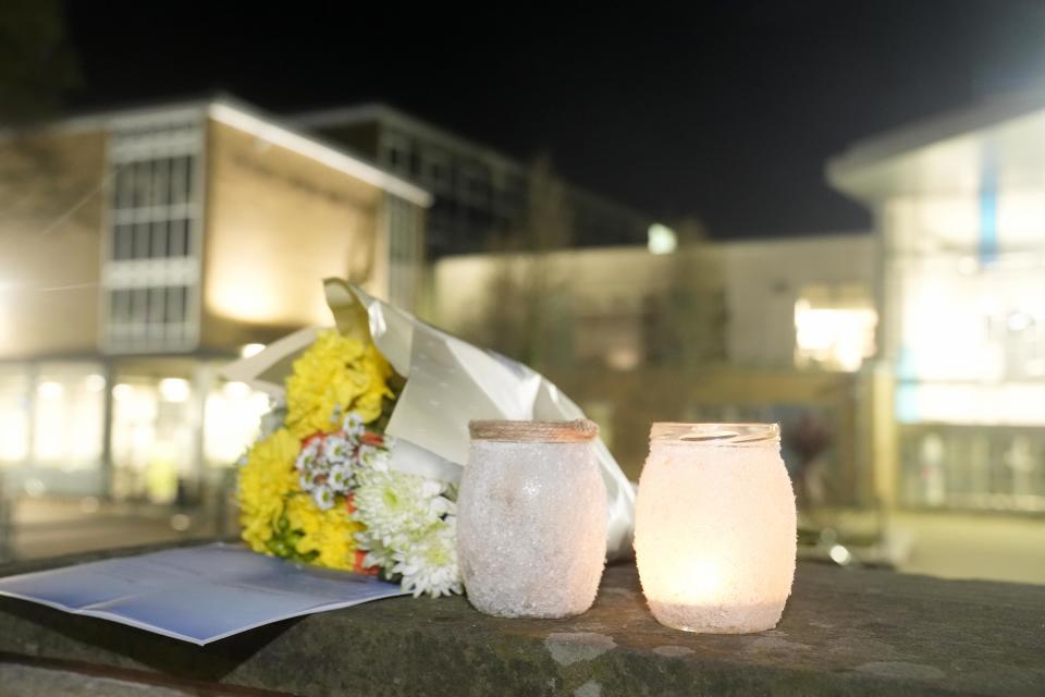 Tributes left outside All Saints Catholic High School, on Granville Road in Sheffield, South Yorkshire, after a 15-year-old boy died following a stabbing incident at the school. Picture date: Monday February 3, 2025. PA Photo. See PA story POLICE Sheffield. Photo credit should read: Danny Lawson/PA Wire