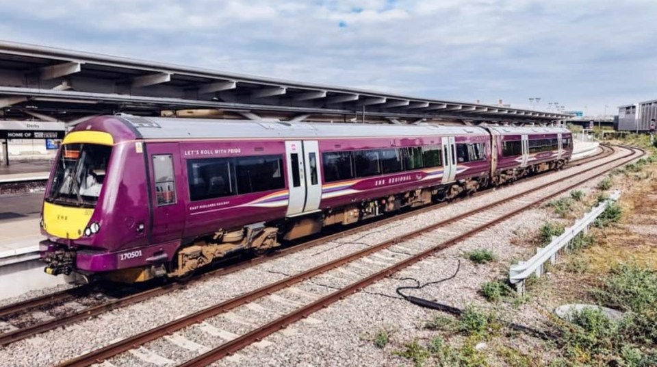 East Midlands Railway train at a station.