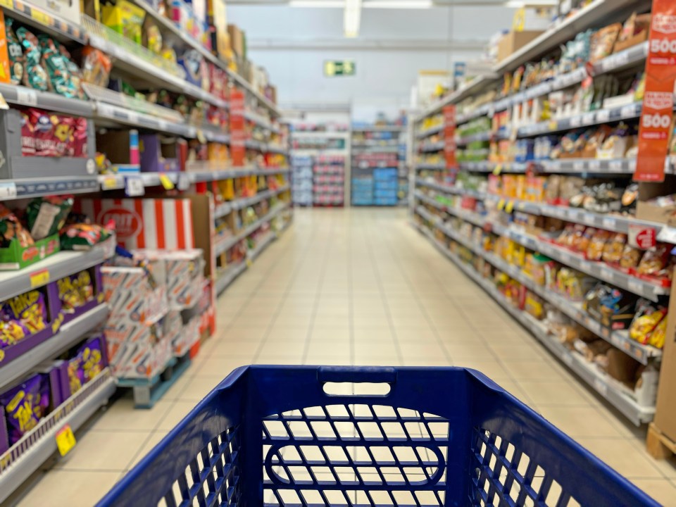 Empty shopping basket in a supermarket aisle.