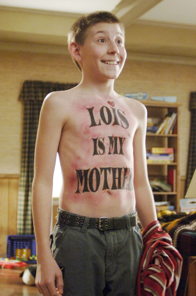Erik Per Sullivan as Dewey in Malcolm in the Middle with a fake tattoo that says "Lois is my Mother".