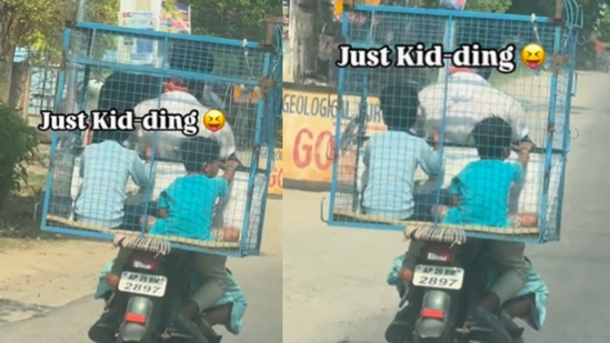 A video of two kids in a poultry cage on a bike went viral, sparking mixed reactions online.(Instagram/rollrida)