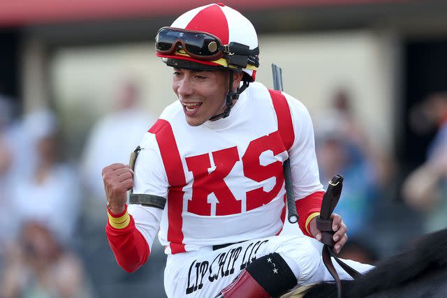 Rob Carr/Getty Jose Ortiz #5 reacts after riding Early Voting to win the 147th Running of the Preakness Stakes on May 21, 2022 in Baltimore, Maryland.
