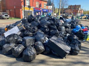 An enormous pile of bin bags and rubbish in Balsall Heath on Tuesday, April 1. Credit: Alexander Brock. Permission for use for all LDRS partners.