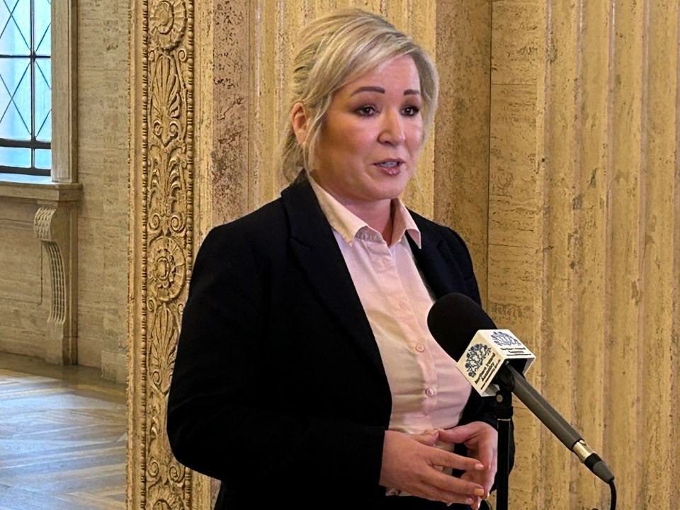 First Minister Michelle O'Neill speaking at a press conference.