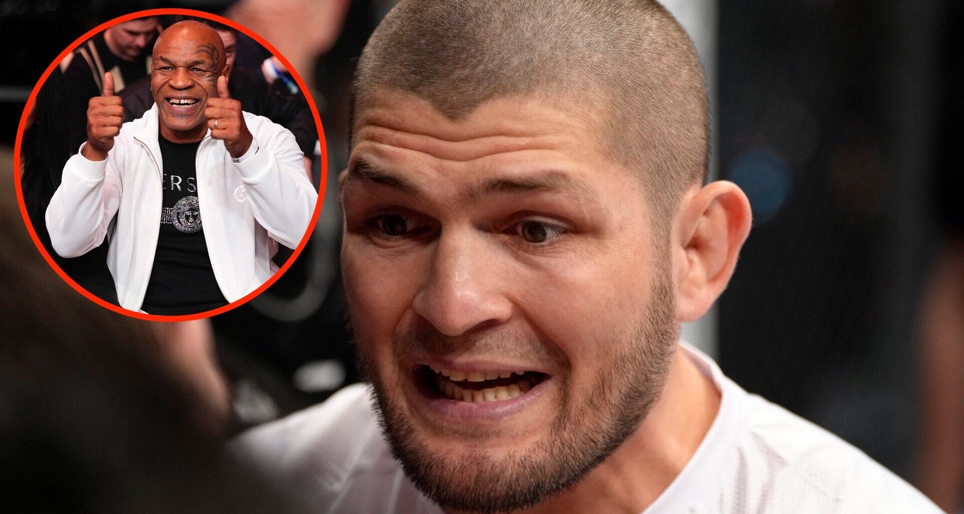 Khabib Nurmagomedov gives corner advice to his fighter with an inset of Mike Tyson in attendance at UFC 300