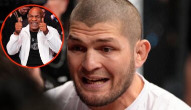 Khabib Nurmagomedov gives corner advice to his fighter with an inset of Mike Tyson in attendance at UFC 300