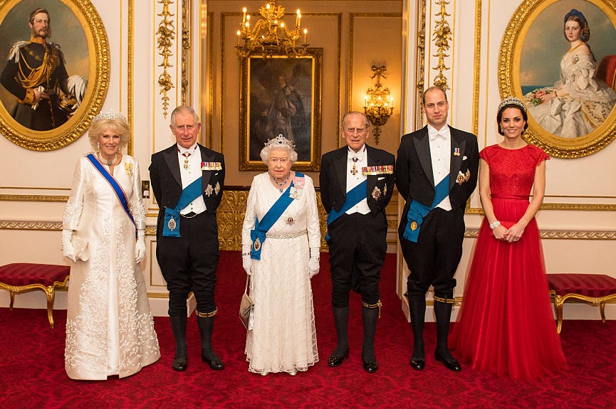 camilla, duchess of cornwall, prince charles, prince of wales, queen elizabeth ii, prince philip, duke of edinburgh, prince william, duke of cambridge and catherine, duchess of cambridge