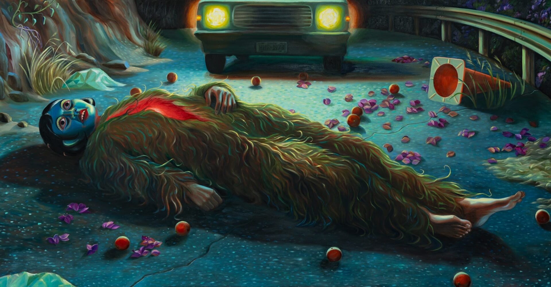 a furry figure lies on the roadway with their chest split open and car headlights illuminating the darkened scene