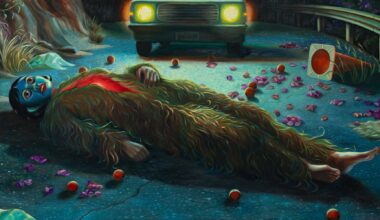 a furry figure lies on the roadway with their chest split open and car headlights illuminating the darkened scene