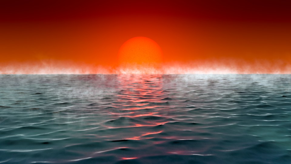 Illustration of a red sun setting over a misty ocean.