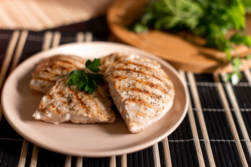 Grilled chicken breasts on a plate.