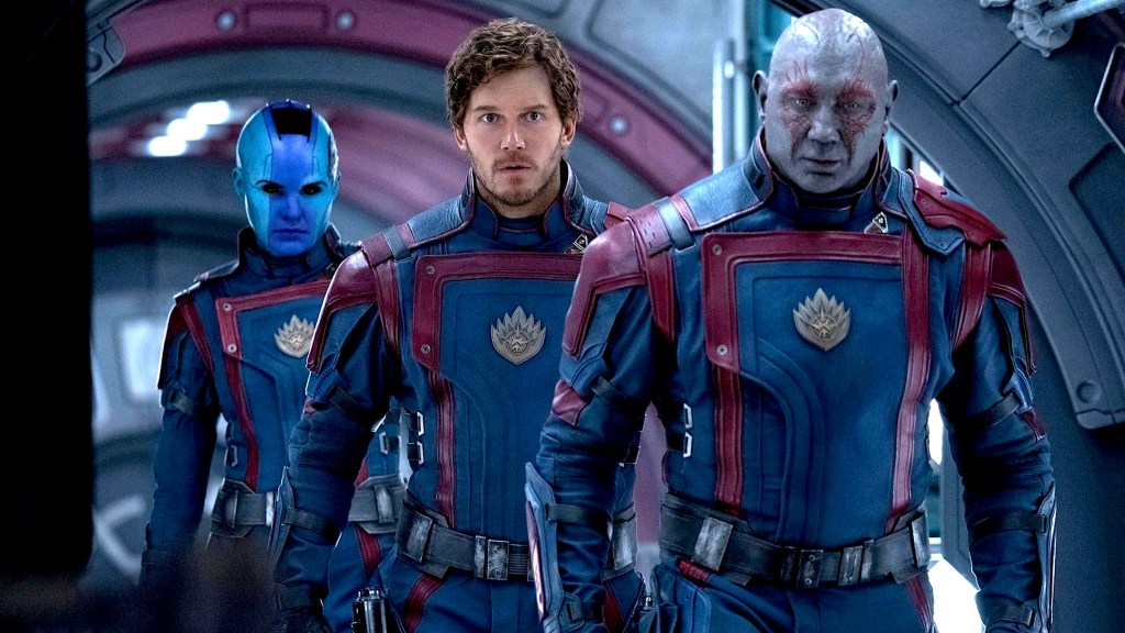 Karen Gillan, Chris Pratt, and Dave Bautista in Guardians of the Galaxy Vol. 3