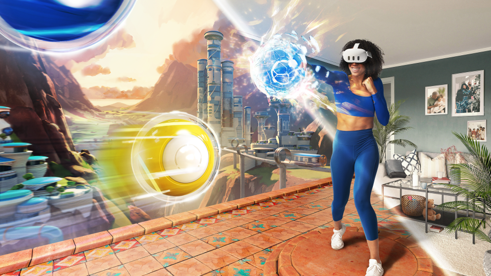 Illustration of a woman using a VR headset to play a fitness game.