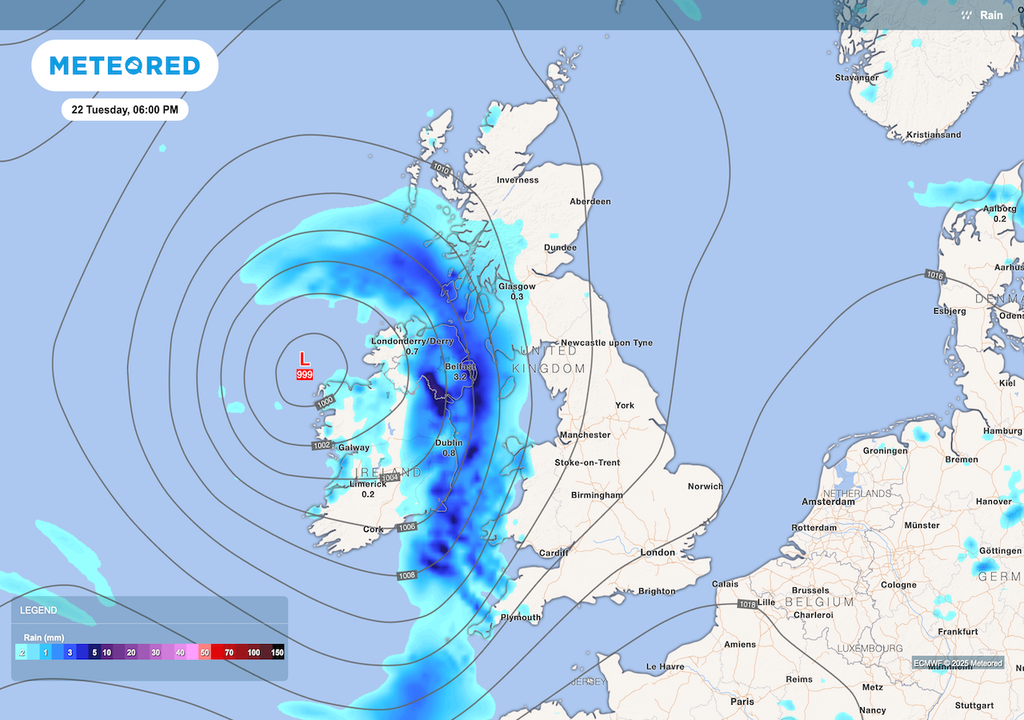 Northern Ireland will see heavy rain arrive on Tuesday afternoon, brought by an approaching area of low pressure, with persistent downpours and strengthening winds expected.