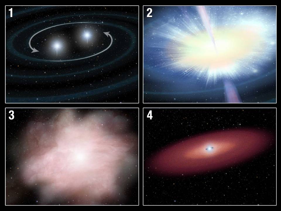 In panel 1, a pair of neutron stars in a binary system spiral together. Orbital momentum is dissipated through the release of gravity waves, which are tiny ripples in the fabric of space-time. In panel 2, in the final milliseconds, the two objects merge and produce a gamma-ray burst lasting just one-tenth of a second. In panel 3, a small fraction of the mass of the merging neutron stars is flung out during the merger. This hot, highly radioactive material expands and its outer layer thins enough for infrared light to escape. At its peak brightness (within a week and a half of the merger) the explosion is about a thousand times brighter than a classical nova and so is called a kilonova. In panel 4, a black hole remains after the event with a remnant debris disk in orbit around it. Credit: NASA, ESA, and A. Feild</p>
<p>https://hubblesite.org/contents/articles/gamma-ray-bursts