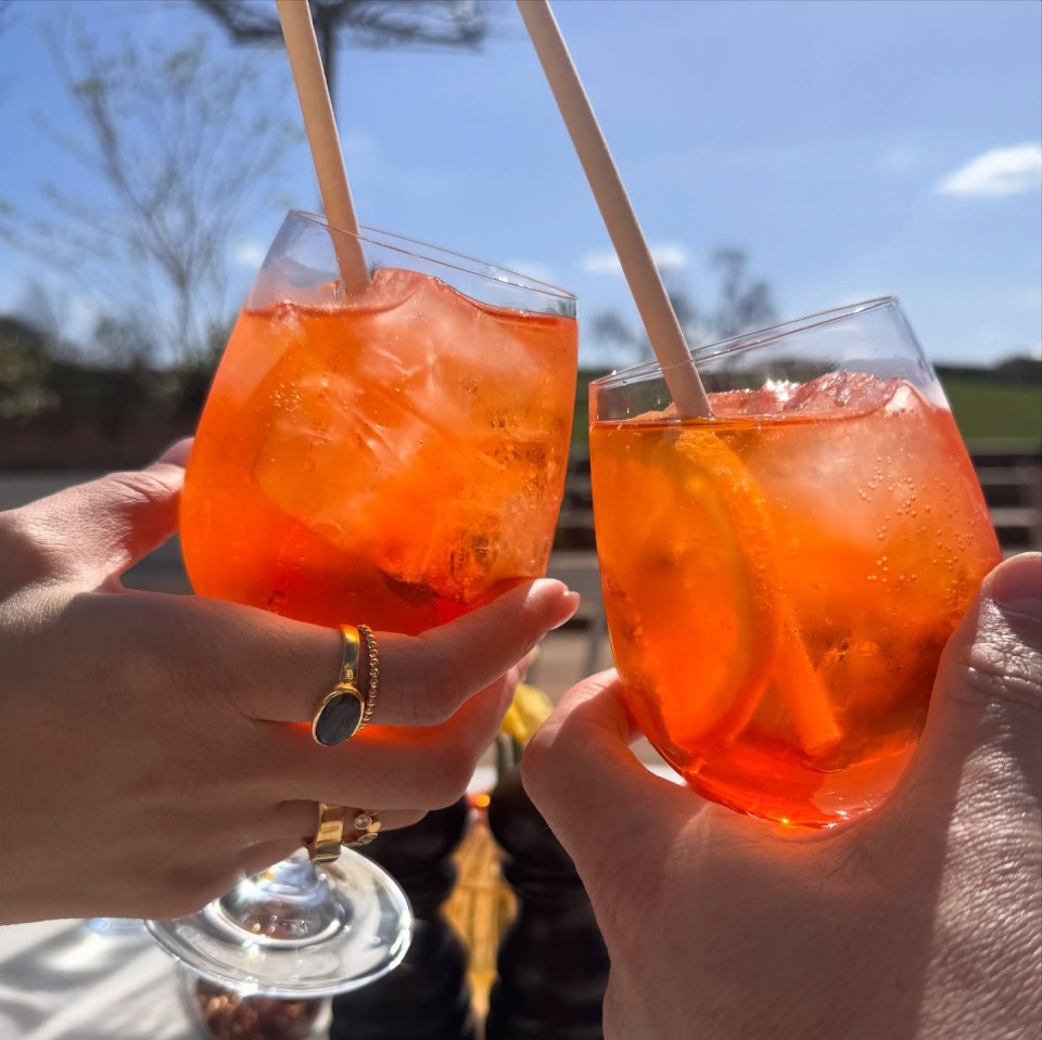 Two hands toasting with Aperol spritzes.