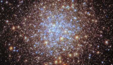 Thousands of bright stars fill a spherically shaped globular cluster. In the center, most of the stars appear blue. The globular cluster’s bright blue-white core is surrounded by a thick shell of yellower stars, seen in differing sizes according to their position in the spherical star cluster. They spread out beyond the edges of the image, appearing smaller and sparser at the corners of the image. A distant spiral galaxy is also visible in the lower-left corner of the image.