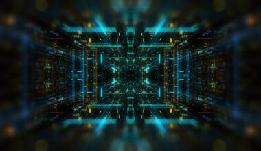 Quantum computer environment with digital technology, processing unit of an advanced Artificial intelligence. Flight through flow of digital information tunnel / cloud computing. 3D render