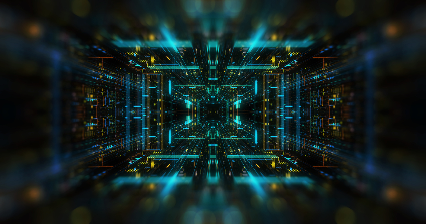 Quantum computer environment with digital technology, processing unit of an advanced Artificial intelligence. Flight through flow of digital information tunnel / cloud computing. 3D render