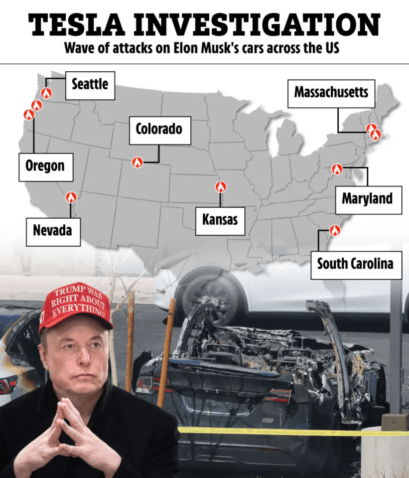 Illustration of a US map showing locations of Tesla fires, alongside a photo of Elon Musk and a burned-out Tesla.