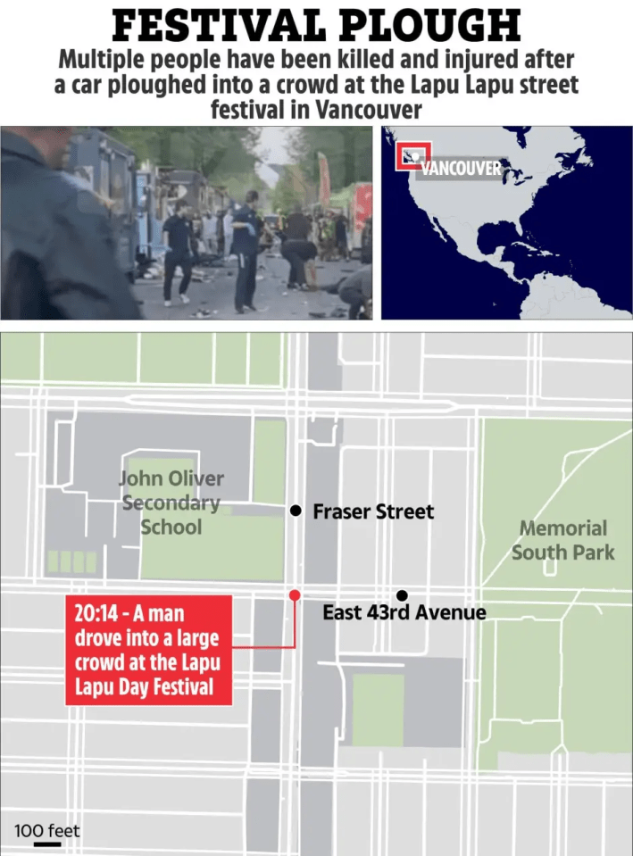 Illustration of a map showing the location of a car plowing into a crowd at a festival in Vancouver, along with a photo of the incident and a map of Vancouver.