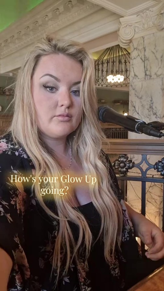 Woman with long blonde hair asks, "How's your glow up going?"