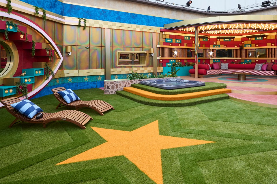Celebrity Big Brother garden with hot tub and lounge area.