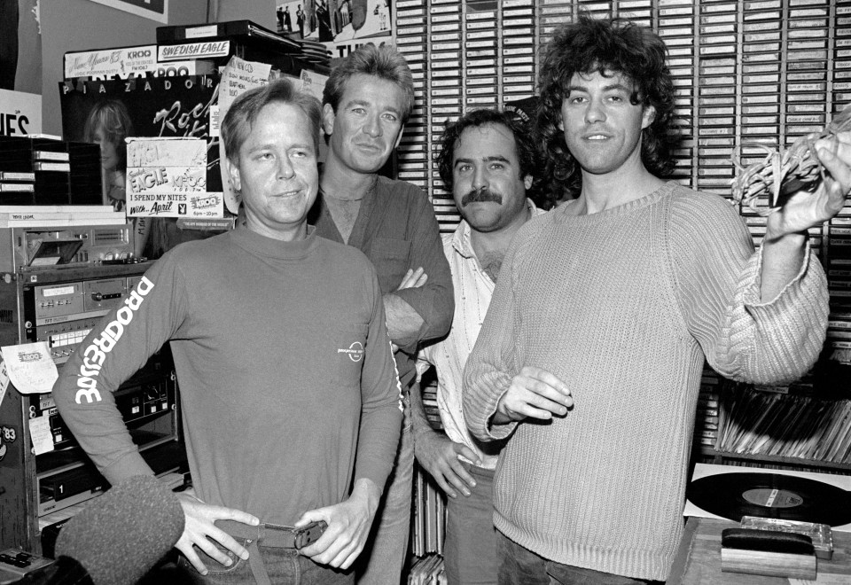 Bob Geldof with KROQ disc jockeys in 1987.
