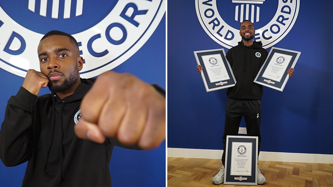 Split image of Joshua punching and with his certificates