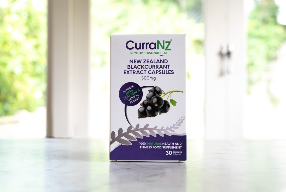 Box of CurraNZ New Zealand blackcurrant extract capsules.