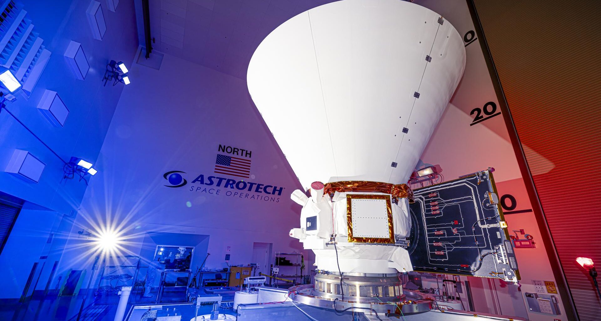 NASA’s SPHEREx (Spectro-Photometer for the History of the Universe, Epoch of Reionization and Ices Explorer), a space telescope, is situated on a work stand ahead of prelaunch operations at the Astrotech Processing Facility at Vandenberg Space Force Base in California on Jan. 16, 2025.