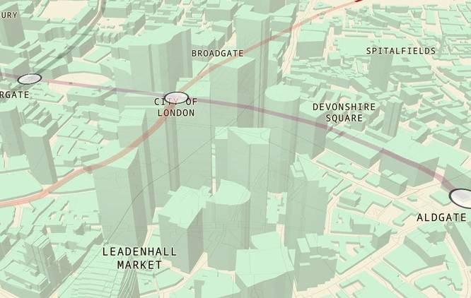 An zoomed in image of the new live London Underground tube map showing 3d buildings in the city of London