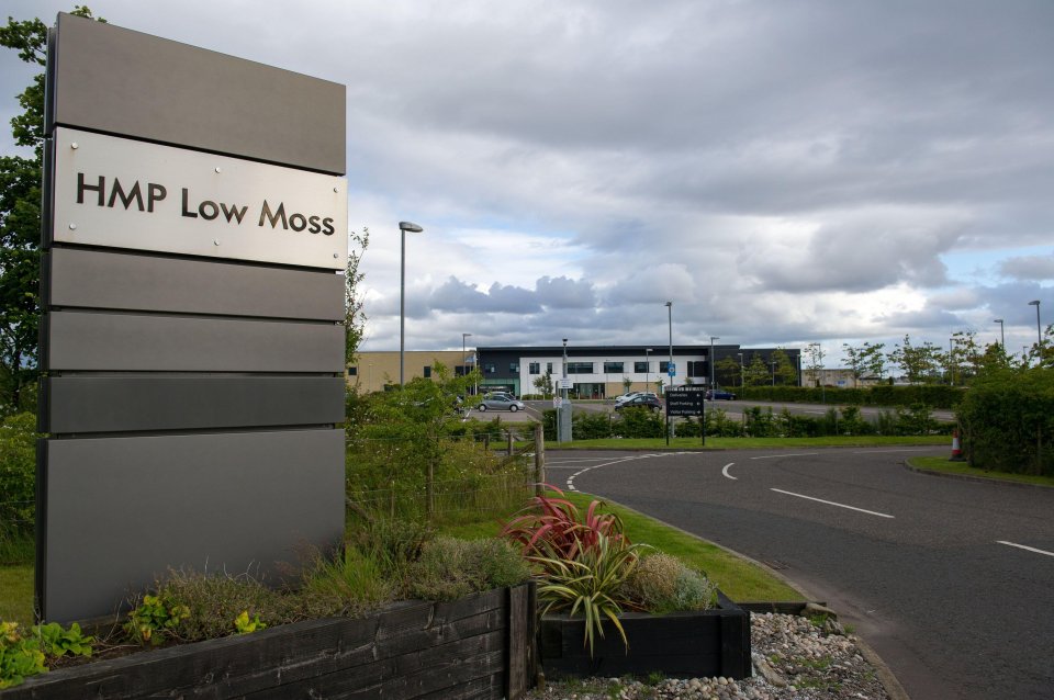 HMP Low Moss prison entrance sign and building.