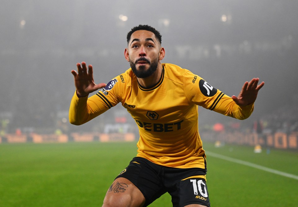 Matheus Cunha of Wolverhampton Wanderers celebrating a goal.