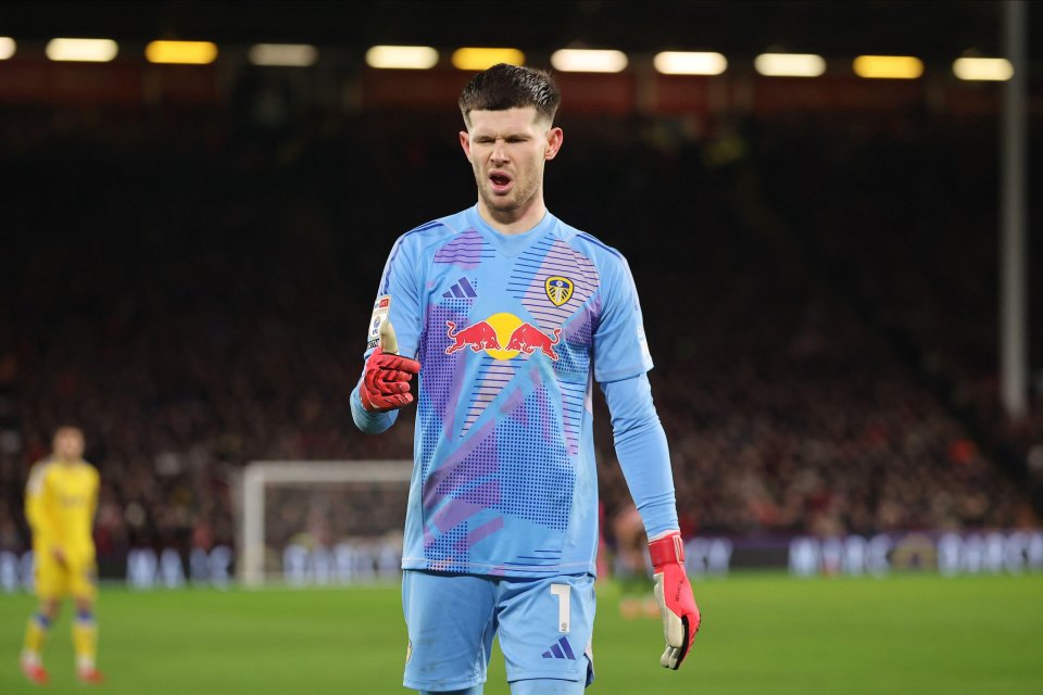 Illan Meslier of Leeds United during a soccer match.