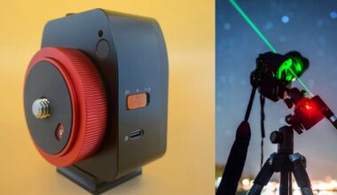 A black and red camera tracking device is shown on the left against a yellow background; on the right, the device is mounted on a tripod under a night sky with a green laser pointing upward.