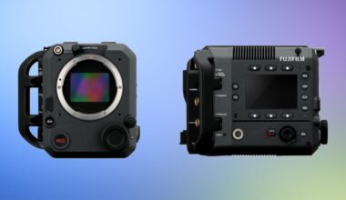 Two components of a Fujifilm camera are displayed: on the left, a lens mount with a handle and "REC" button; on the right, a rectangular body with an LCD screen and various buttons, set against a gradient blue and purple background.