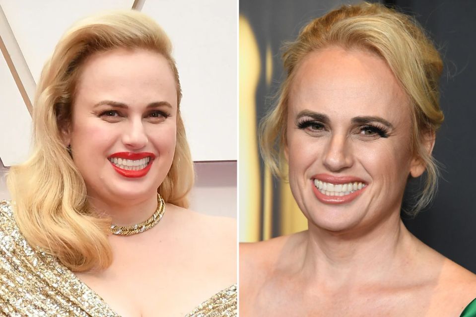 An image collage containing 2 images, Image 1 shows Rebel Wilson at the Academy Awards in a gold sequined gown, Image 2 shows Rebel Wilson at the Governors Awards