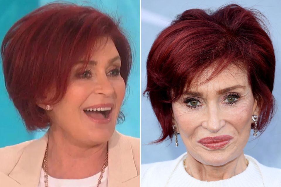 An image collage containing 2 images, Image 1 shows Sharon Osbourne on The Talk, Image 2 shows Headshot of Sharon Osbourne