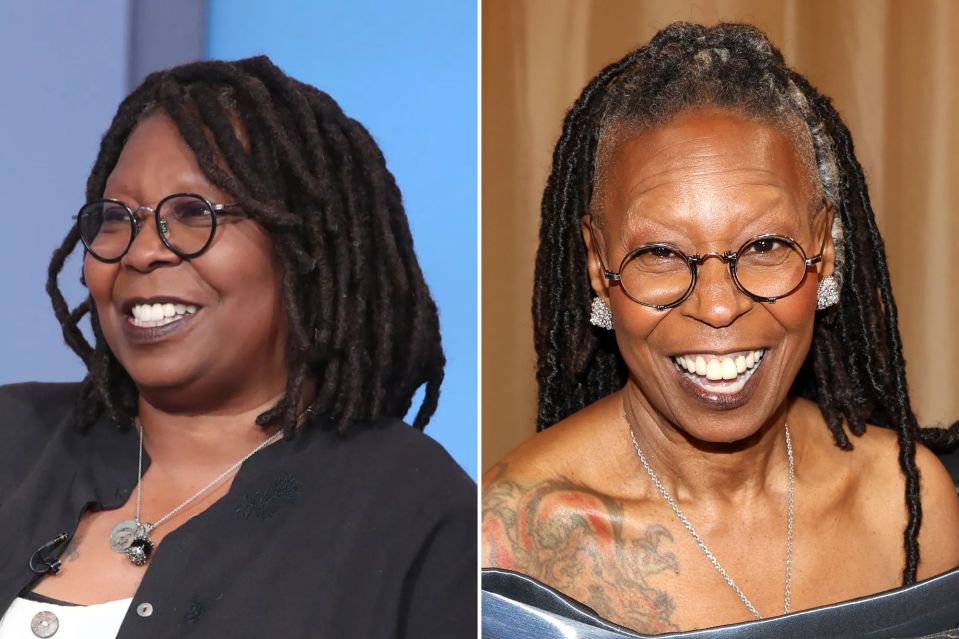 An image collage containing 2 images, Image 1 shows Whoopi Goldberg on Good Morning America, Image 2 shows Whoopi Goldberg at the Oscars