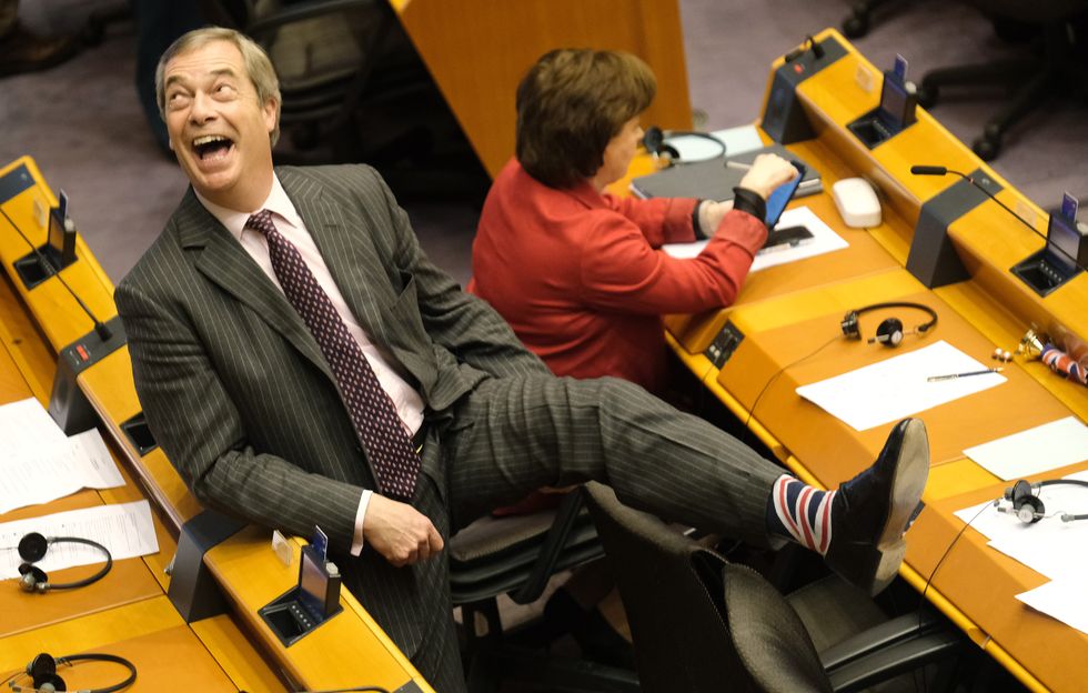 Nigel Farage proudly flashes with UK socks in the EU Parliament