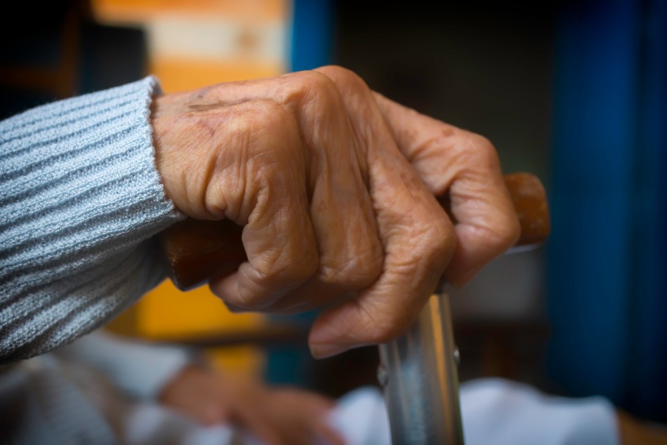 Close-up of an elderly woman's hand gripping a walking stick.